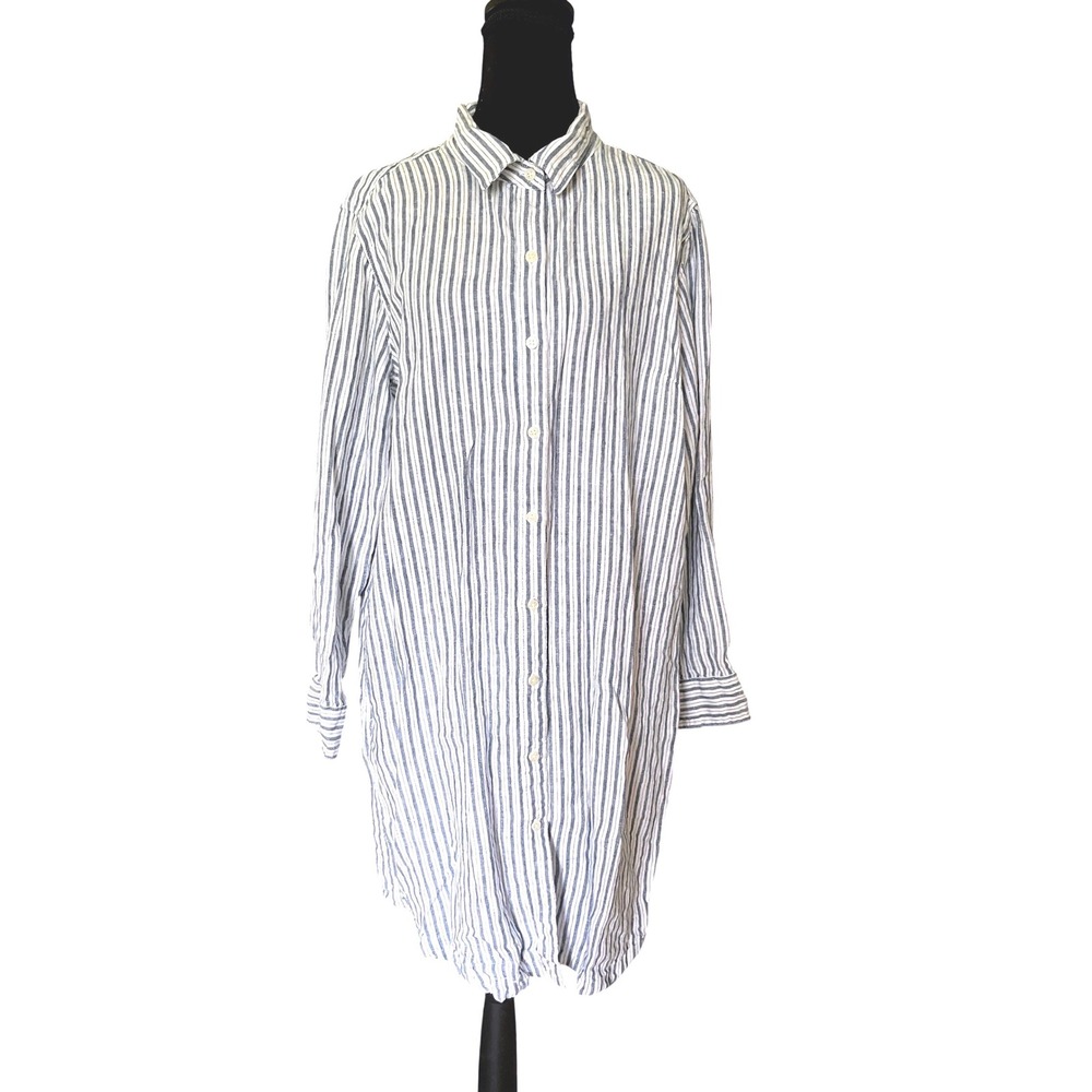 Blue White Striped 100% Linen Shirt Dress 14 Coastal Preppy Nautical